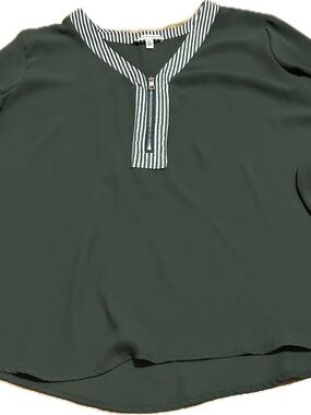 Notations Olive Green Button-Front Top with Striped Trim